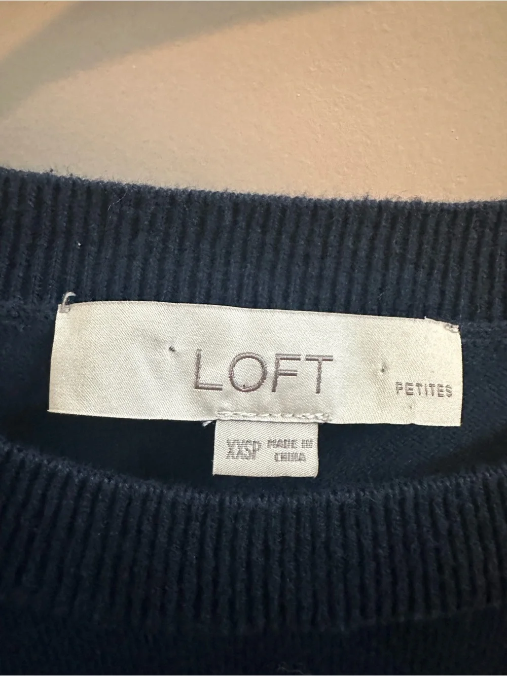 LOFT Navy Knit Pullover with White & Light Blue Striped Puff Sleeves